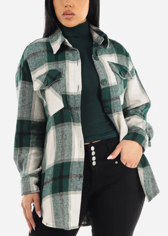 Oversized Plaid Button Down Cotton Shacket Green & White sold by Moda