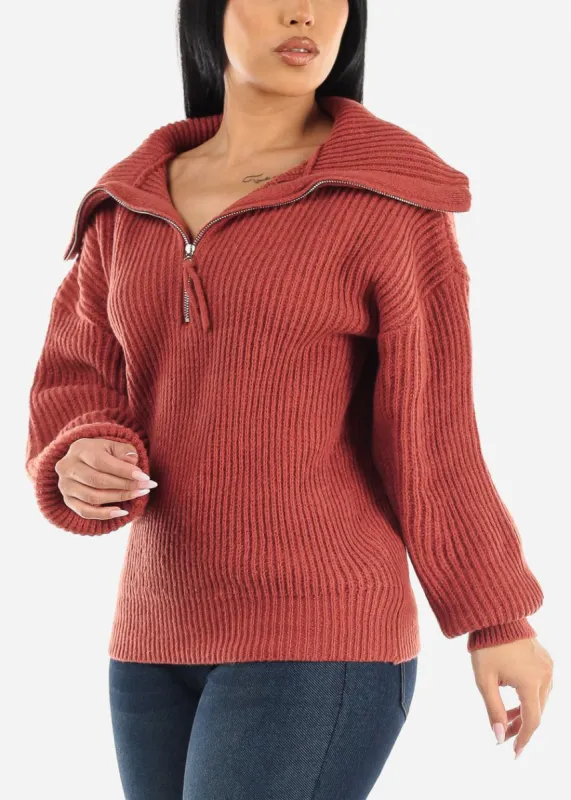 Zip Up Turtleneck Knit Stretch Sweater Rust sold by Moda