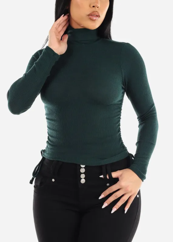 Long Sleeve Turtleneck Top Dark Green w Adjustable Drawstring Sides sold by Moda
