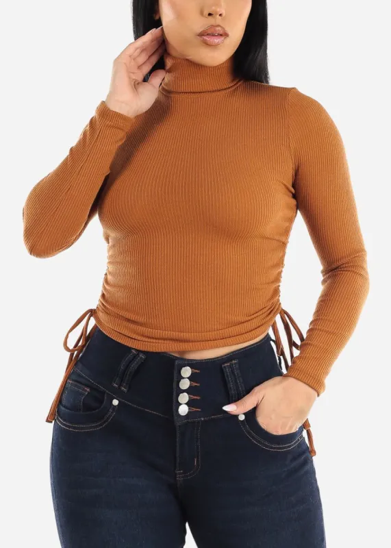 Long Sleeve Turtleneck Top Light Brown w Adjustable Drawstring Sides sold by Moda
