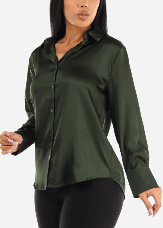 Satin Long Sleeve Button Down Collared Blouse Olive sold by Moda