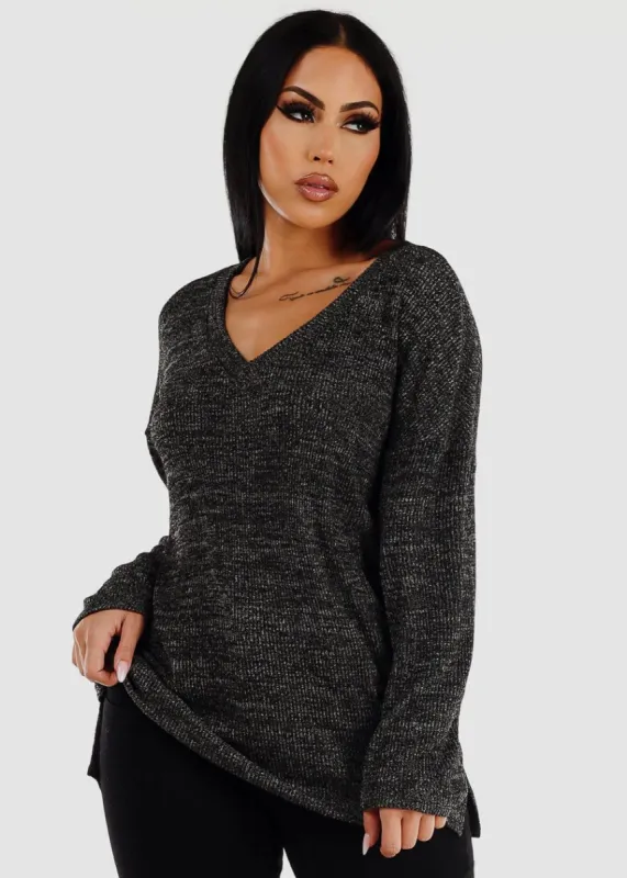 Black Knitted Vneck Tunic Sweater Top sold by Moda
