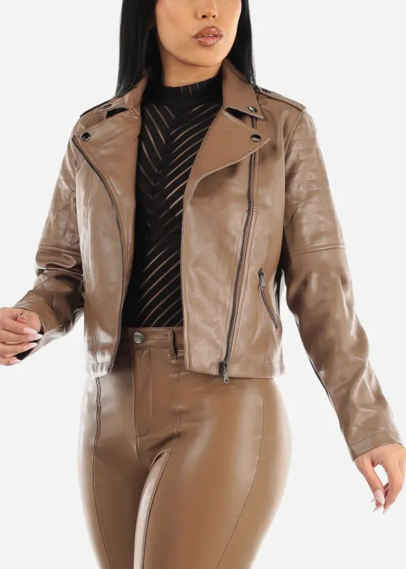 Long Sleeve Zip Up Moto Jacket Light Brown sold by Moda