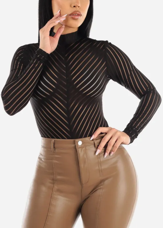 Black Long Sleeve Mock Neck Striped Mesh Bodysuit sold by Moda