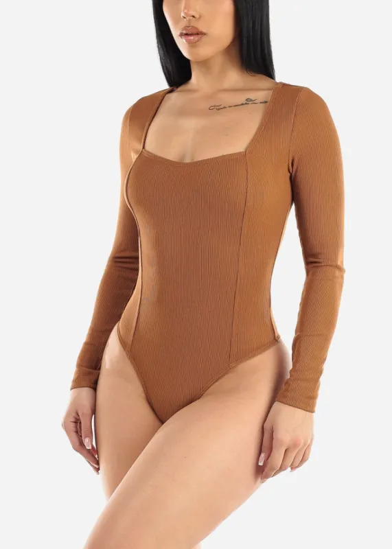 Square Neckline Long Sleeve Ribbed Bodysuit Light Brown sold by Moda