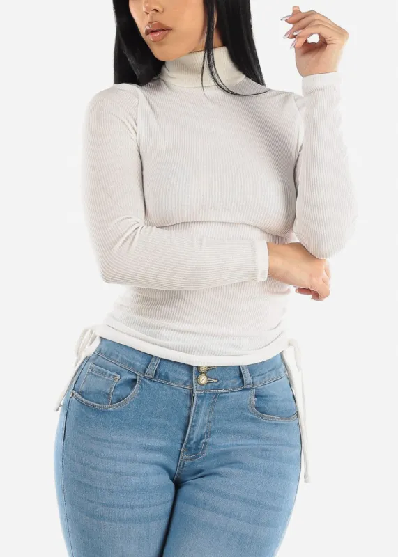 Long Sleeve White Turtleneck Top w Adjustable Drawstring Sides sold by Moda