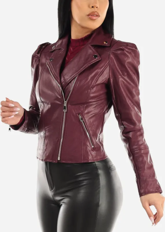 Puff Sleeve Vegan Leather Zip Up Moto Jacket Burgundy sold by Moda