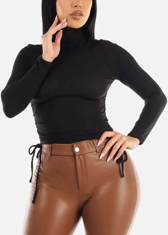 Long Sleeve Black Turtleneck Top w Adjustable Drawstring Sides sold by Moda