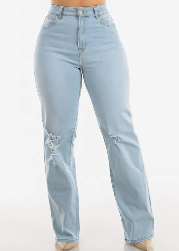 High Waisted Distressed Wide Leg Straight Stretch Light Jeans sold by Moda