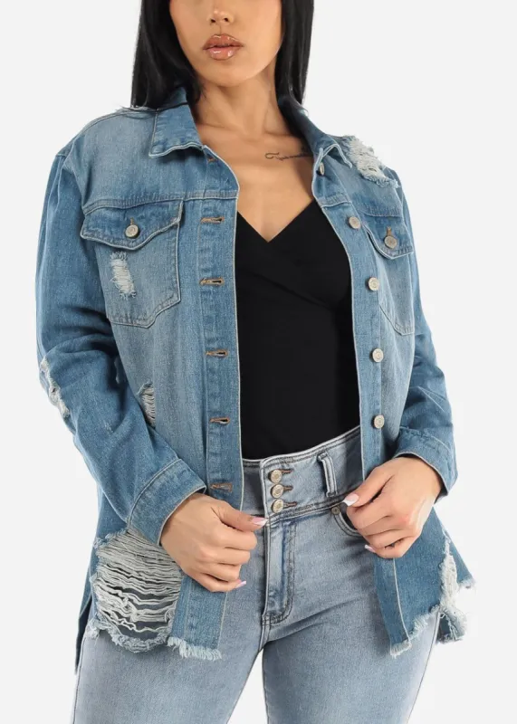 Distressed Med Blue Jean Shacket sold by Moda