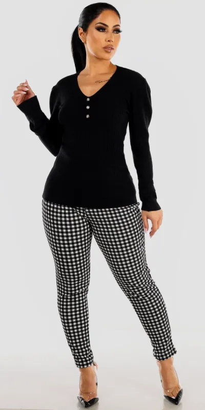 Paperbag Waist Plaid Dressy Skinny Pants with Black Rib Knit Long Sleeve V-Neck Sweater sold by Moda