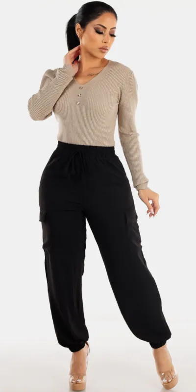 Black Cargo Jogger Khaki Sweater Set sold by Moda