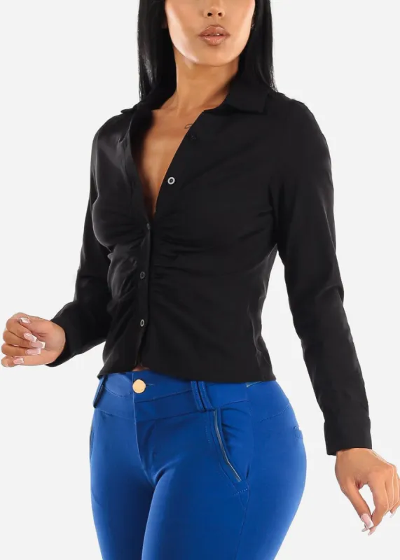 Black Button Up Ruched Collared Stretchy Shirt sold by Moda
