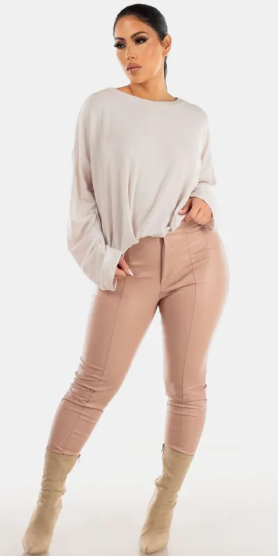 Pink High Rise Vegan Leather Skinny Pants with Long Sleeve Beige French Terry Top sold by Moda