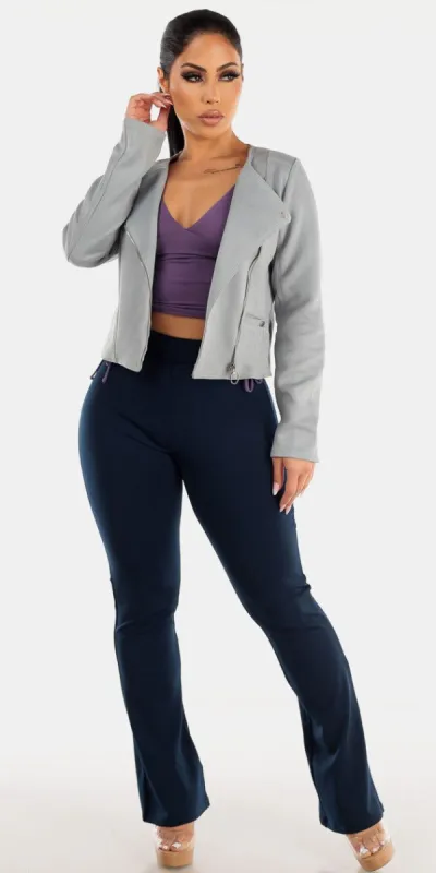 Navy High Rise Flared Dressy Pants Lilac Long Sleeve Ruched Crop Top and Light Blue Suede Cropped Moto Jacket sold by Moda