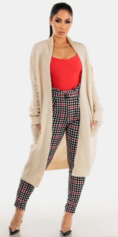Black Paperbag Waist Plaid Skinny Pants Red Sleeveless Bodysuit and Cream Knitted Maxi Cardigan sold by Moda