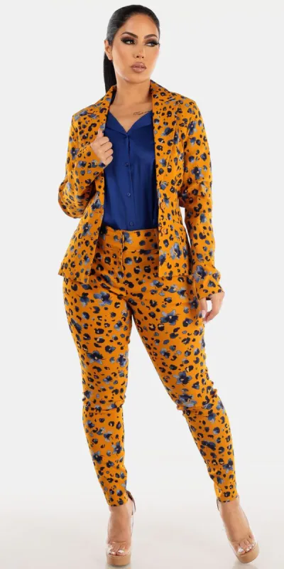 High Rise Mustard Printed Skinny Pants Blue Button Up Satin Blouse and Mustard Long Sleeve Printed Blazer sold by Moda