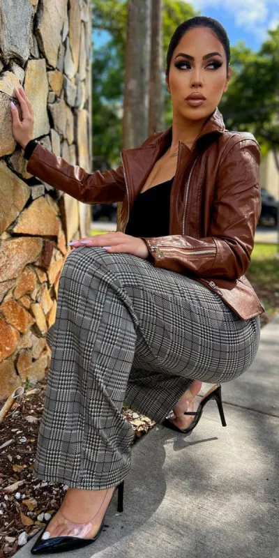 Brown Plaid Wide Leg Straight Dress Pants Black Long Sleeve Bodysuit and Brown Pleather Moto Jacket sold by Moda