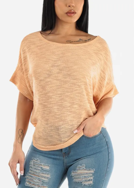 Short Sleeve Boat Neckline Soft Knit Top Peach sold by Moda