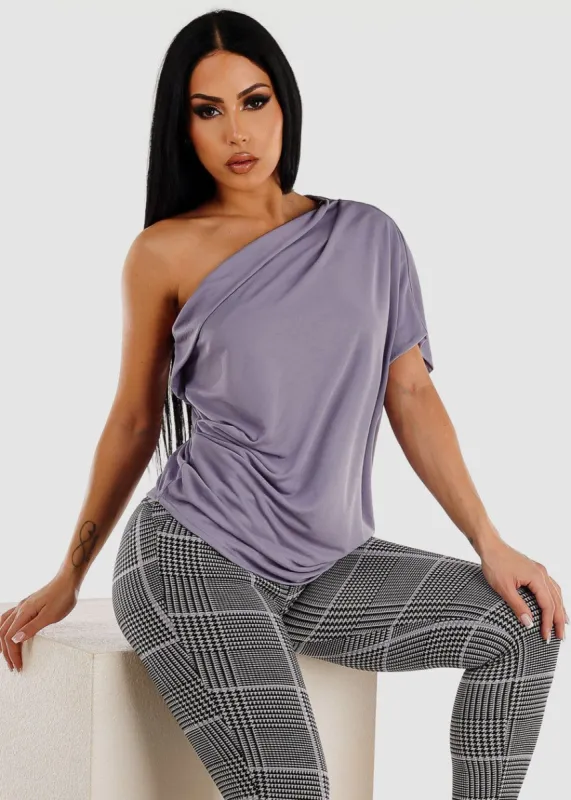One Shoulder Pleat Detail Lavender Blouse made by Moda
