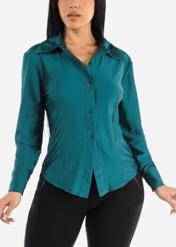 Silky Stretchy Long Sleeve Button Up Shirt Teal sold by Moda