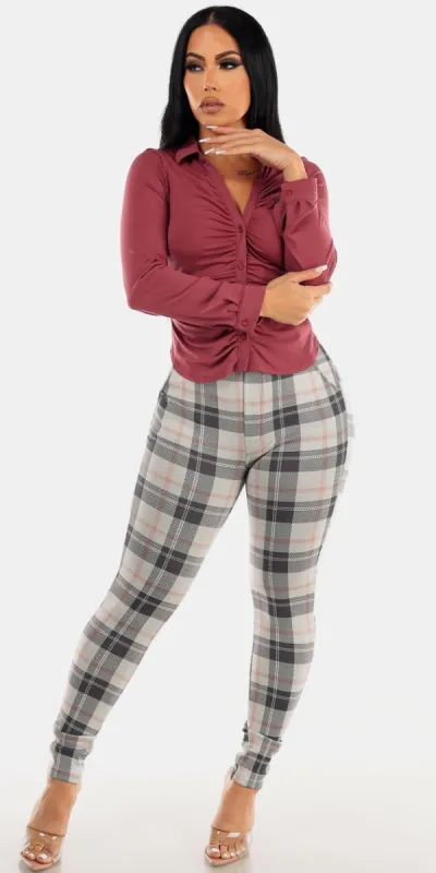 Ivory Butt Lifting Plaid Skinny Pants Ivory with Berry Ruched Front Button Up Shirt sold by Moda
