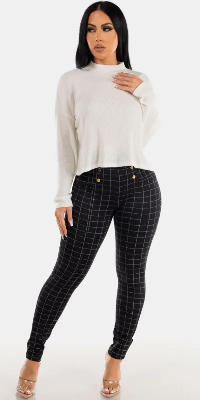 Black Super High Waist Butt Lifting Plaid Skinny Pants with White Long Sleeve Sweater Crop Top sold by Moda