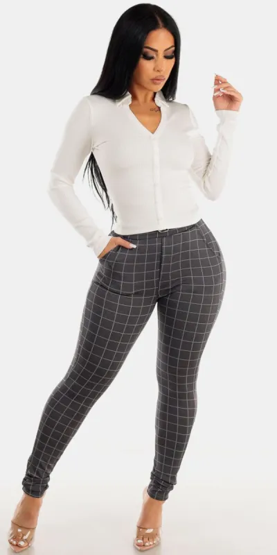 Grey Butt Lifting Plaid Skinny Pants with White Long Sleeve Button Down Top sold by Moda