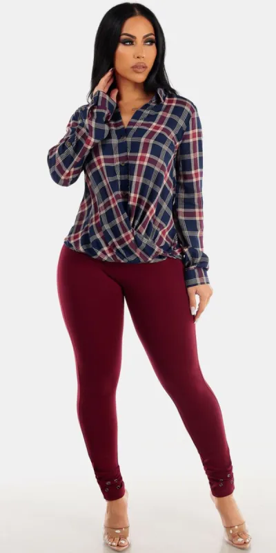 High Rise Butt Lifting Wine Skinny Pants with Navy Long Sleeve Twist Front Plaid Shirt sold by Moda