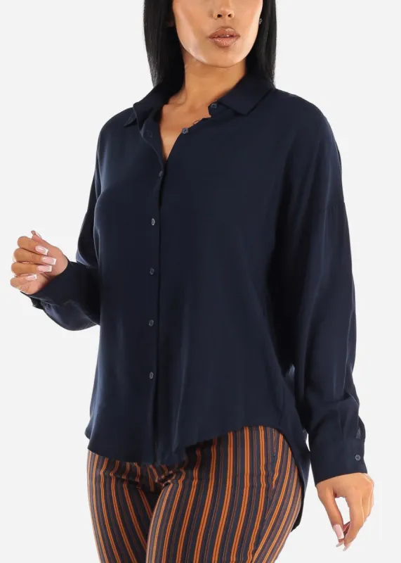 Oversized Long Sleeve Button Down Shirt Navy sold by Moda