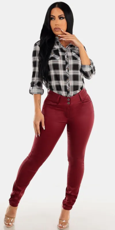 Levantacola Wine Pleather Skinny Jeans with Black Long Sleeve Plaid Button Up Shirt sold by Moda