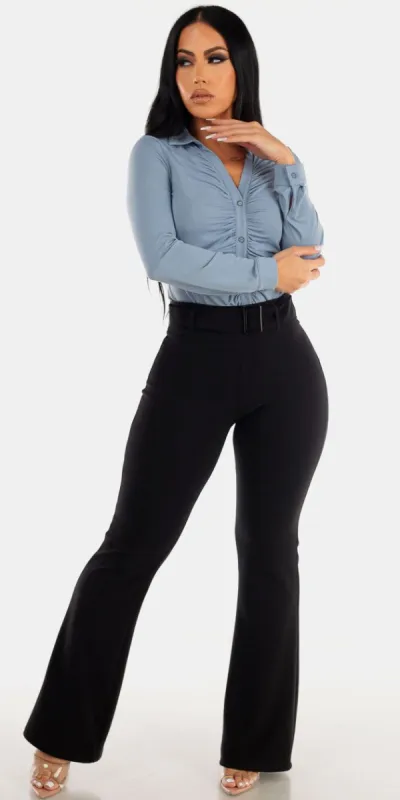 Butt Lifting Black Flared Bootcut Pants with Ruched Long Sleeve Light Blue Collared Blouse sold by Moda