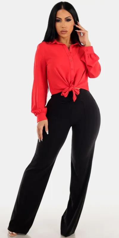 Black Wide Leg Red Blouse Set sold by Moda