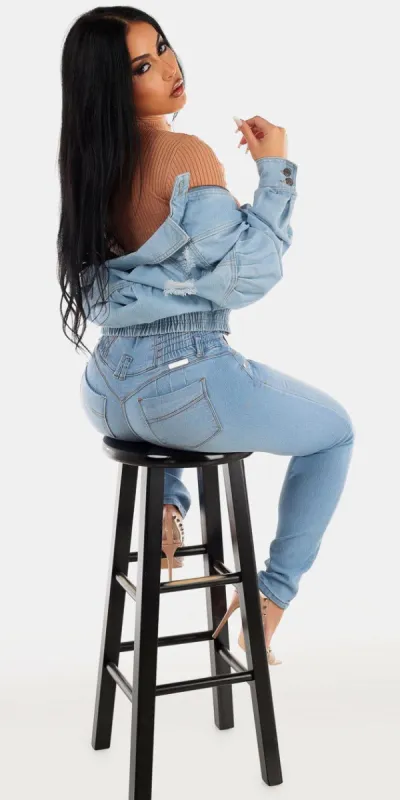 Spandex Waist Butt Lifting Light Skinny Jeans Camel Long Sleeve Sweater Top and Ripped Denim Bomber Jacket sold by Moda