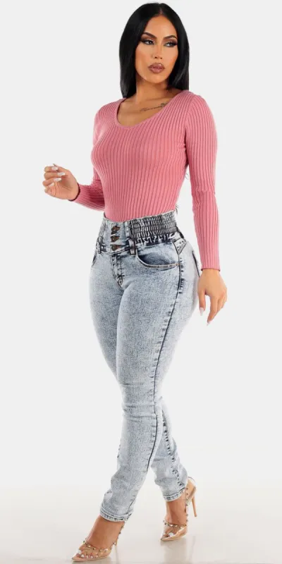 Spandex Waist Acid Wash Butt Lifting Skinny Jeans with Vneck Long Sleeve Pink Sweater Bodysuit sold by Moda