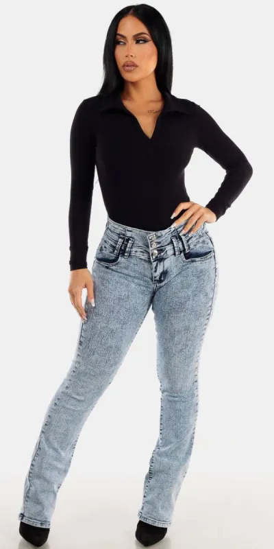 Butt Lifting Acid Wash Bootcut Jeans with Black Long Sleeve Collared Bodysuit sold by Moda