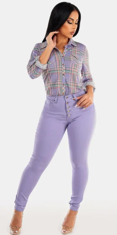 Hyper Stretch Butt Lifting Lilac Skinny Pants with Button Up Long Sleeve Purple Plaid Shirt sold by Moda