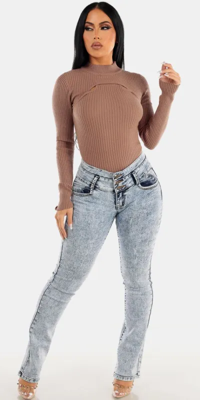 Butt Lifting Acid Wash Bootcut Jeans with Long Sleeve Mock Neck Taupe Sweater Top sold by Moda