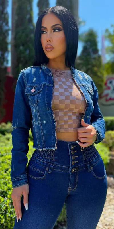 Spandex Waist Butt Lifting Dark Blue Skinny Jeans Nude Long Sleeve Mesh Crop Top and Zip Up Ripped Jean Jacket sold by Moda