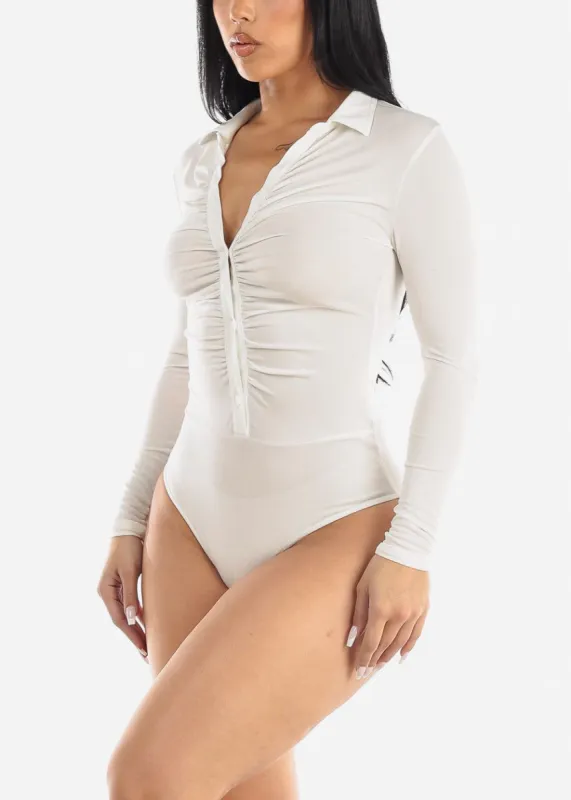 Long Sleeve Ruched Button Up Collared Bodysuit Off White sold by Moda
