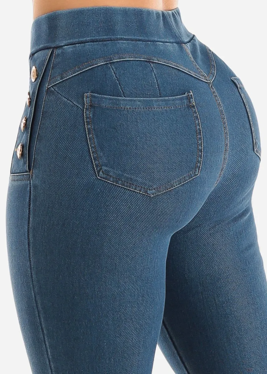 High Waist Levantacola Pull On Denim Jeggings Blue sold by Moda