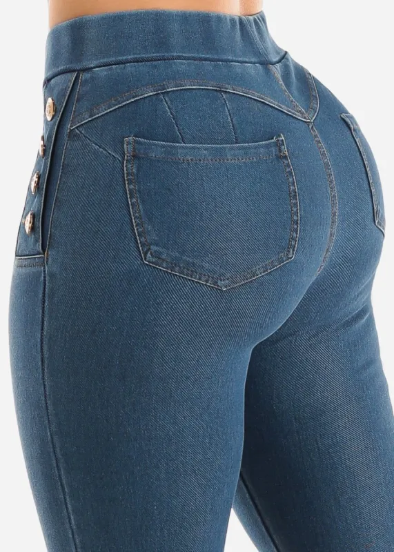 High Waist Levantacola Pull On Denim Jeggings Blue sold by Moda