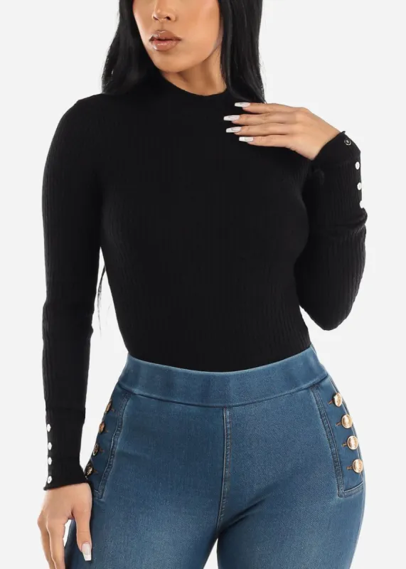 Long Sleeve Fitted Ribbed Knit Sweater Black sold by Moda