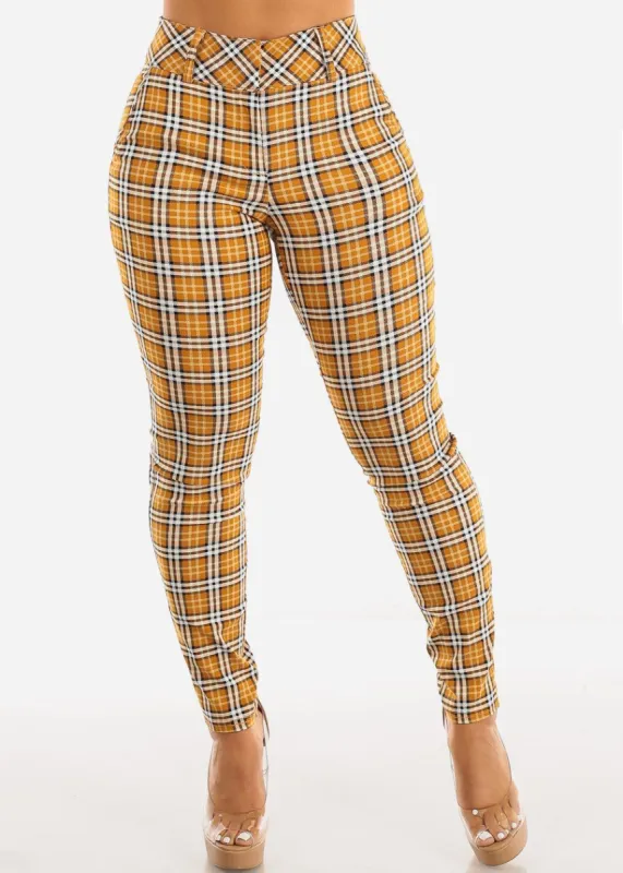 High Waisted Plaid Dressy Skinny Pants Mustard sold by Moda