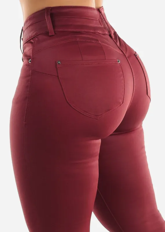 Butt Lifting Coated Faux Leather Skinny Jeans Burgundy sold by Moda