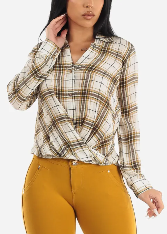 Button Up Twisted Front Roll Up Sleeve Shirt Mustard sold by Moda