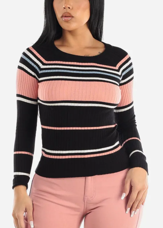 Long Sleeve Multi Stripe Sweater Black & Mauve sold by Moda
