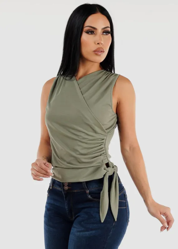 Sleeveless Surplice Front Knot Blouse Sage sold by Moda