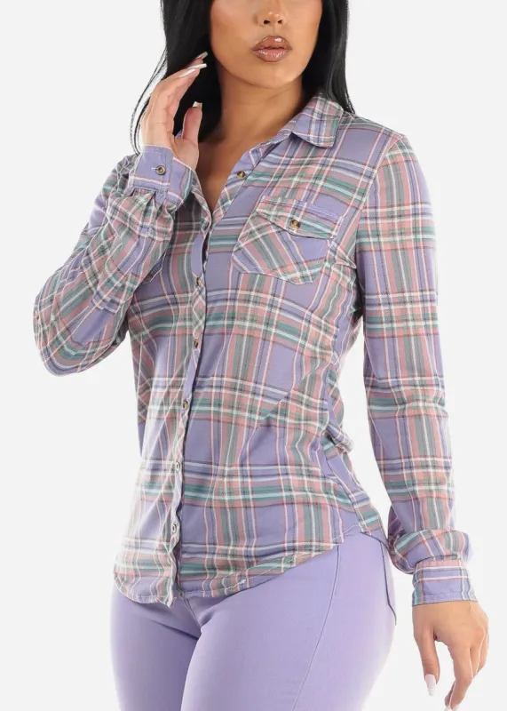 Long Sleeve Button Up Plaid Shirt Light Purple sold by Moda