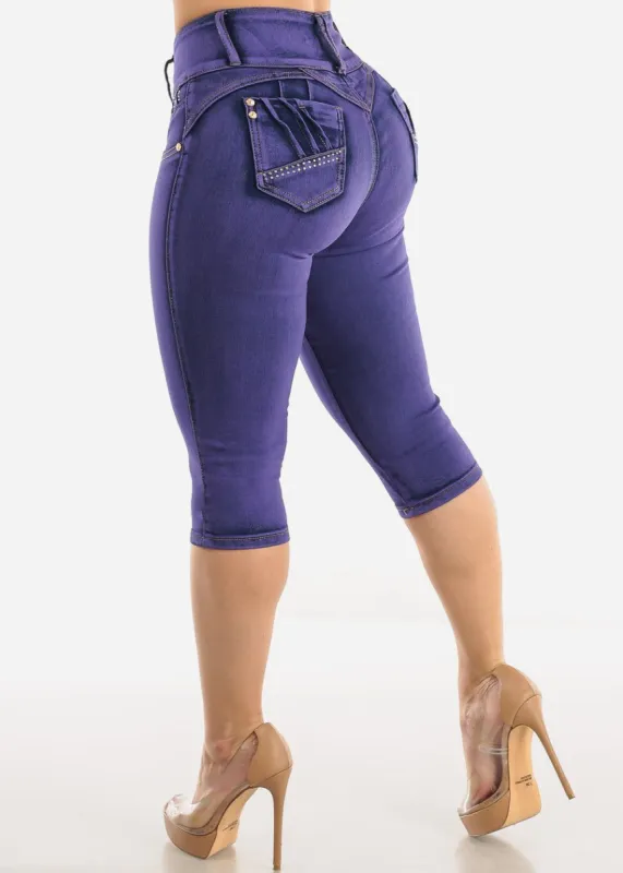 Butt Lifting Mid Rise Purple Denim Capris sold by Moda